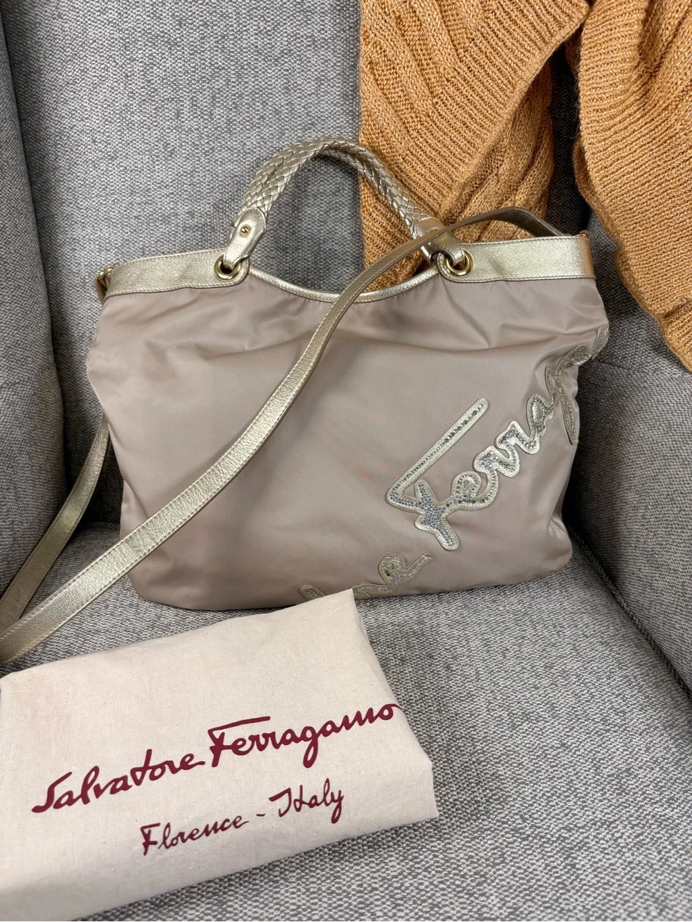 Salvatore Ferragamo Beige Nylon Shoulder Bag with Metallic Gold Trim
